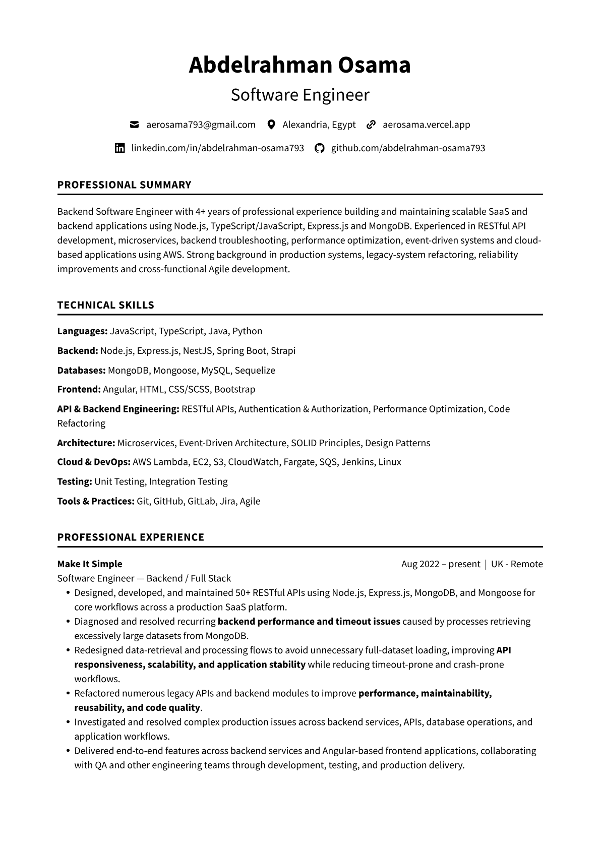 CV page 1 of 2: professional summary, technical skills and experience at Make It Simple.
