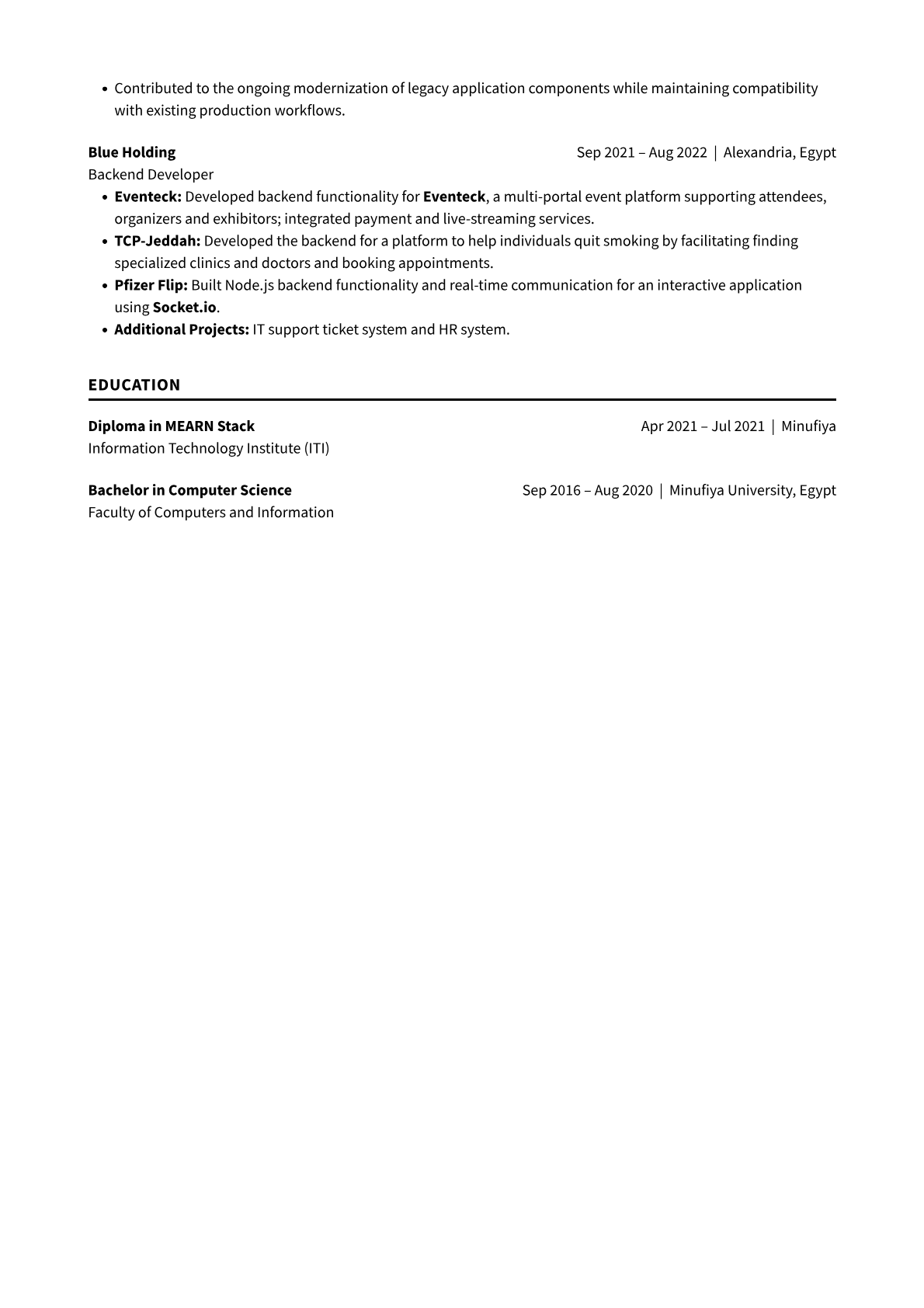 CV page 2 of 2: experience at Blue Holding and education.